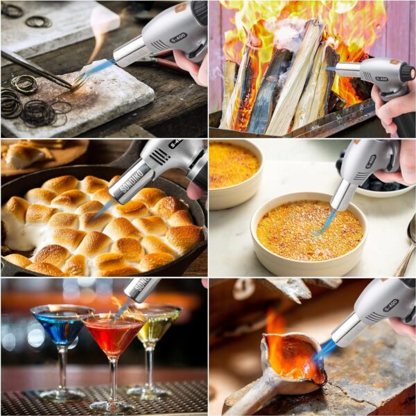 sondiko butane torch s400, refillable kitchen torch lighter, fit all butane tanks blow torch with safety lock and adjustable flame for desserts, creme brulee, and baking—butane gas is not included