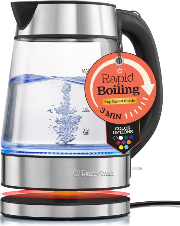 speed boil electric kettle for coffee & tea 1.7l water boiler 1500w, borosilicate glass, easy clean wide opening, auto shut off, cool touch handle, led light. 360° rotation, boil dry protection