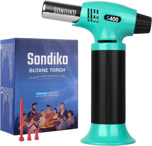 sondiko butane torch s400, refillable kitchen torch lighter, fit all butane tanks blow torch with safety lock and adjustable flame for desserts, creme brulee, and baking—butane gas is not included