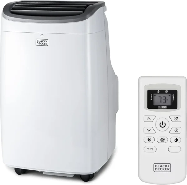 black+decker smart portable air conditioner, 12,000 btu for rooms up to 550 sq. ft., smart portable ac with follow me remote and window kit, bpact12wt, white